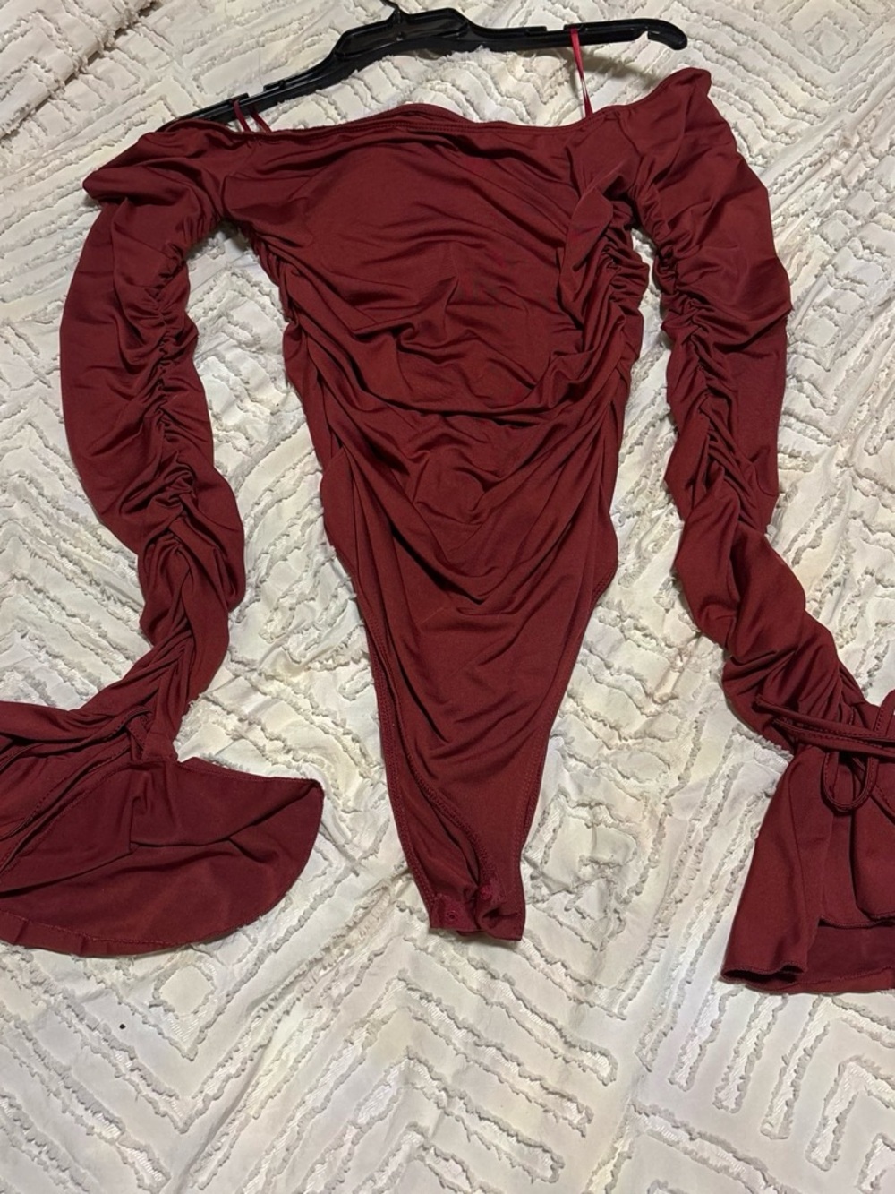 Ruched Off-Shoulder Burgundy Bodysuit